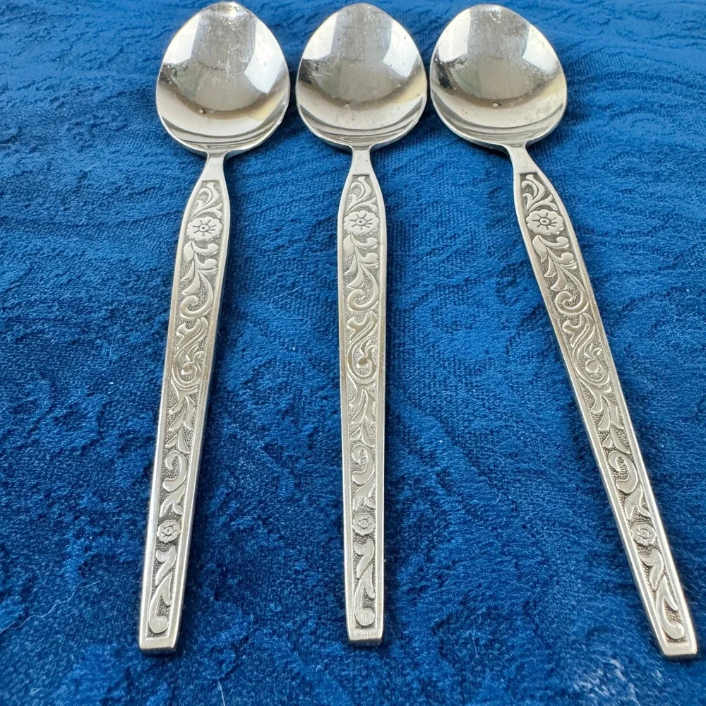 Berbes Stainless Steel Teaspoons Antigua Grand Prix Style Pattern Floral Set 3
